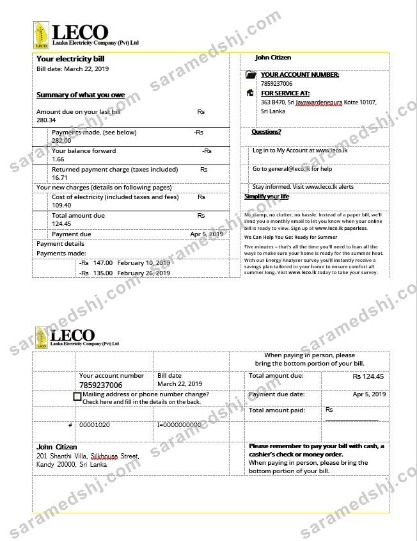 Sri Lanka LECO electricity bill in Word format